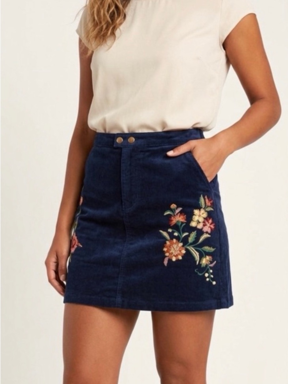 Mossimo Supply Co. Navy Corduroy Mini Skirt with Floral Embroidery